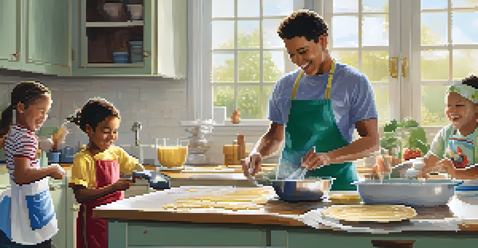 Children happily washing dishes in a bright kitchen after making pancakes, with bubbles and laughter filling the scene.