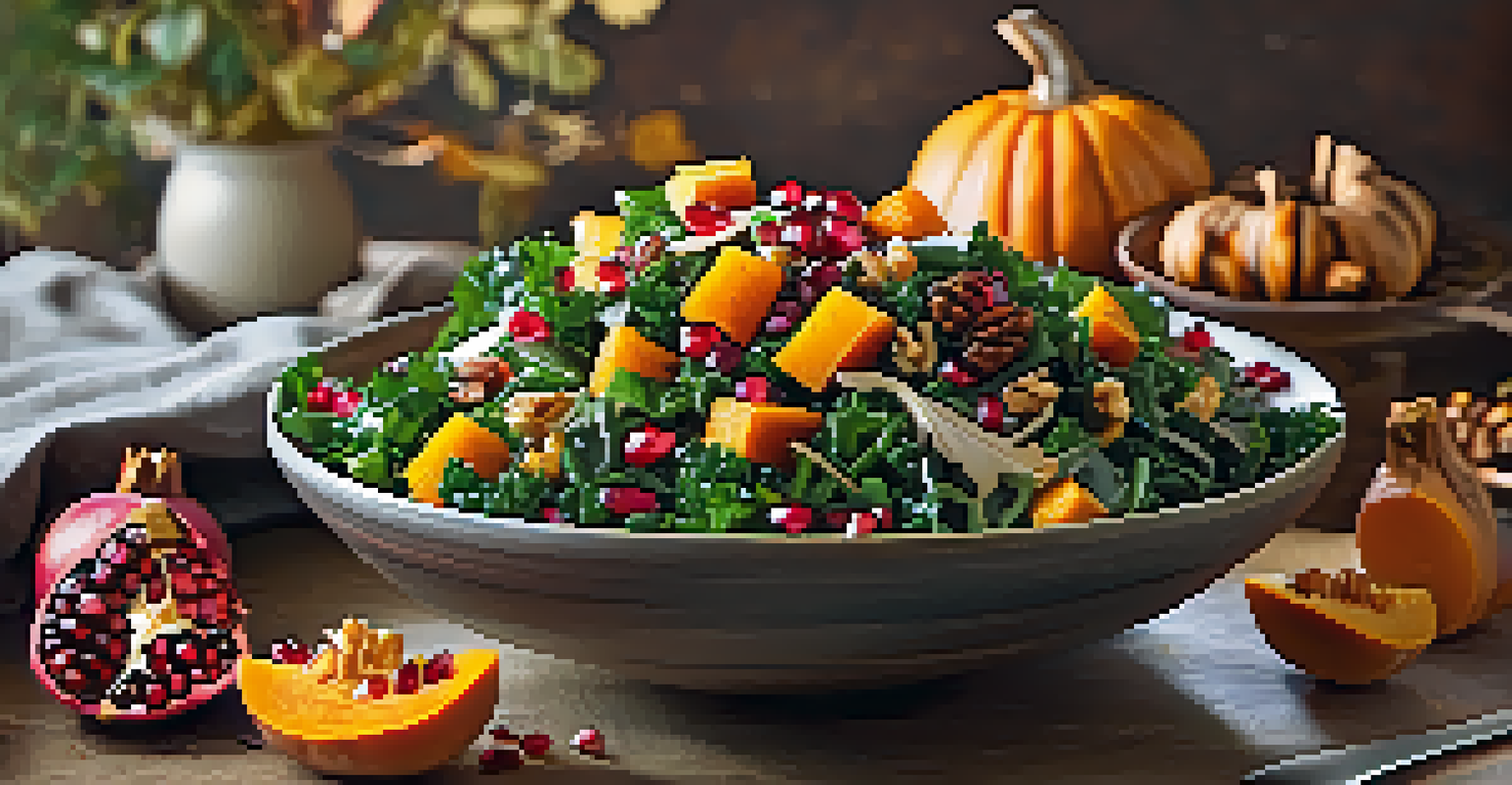 A colorful autumn salad with kale, butternut squash, and pomegranate seeds in a rustic bowl.
