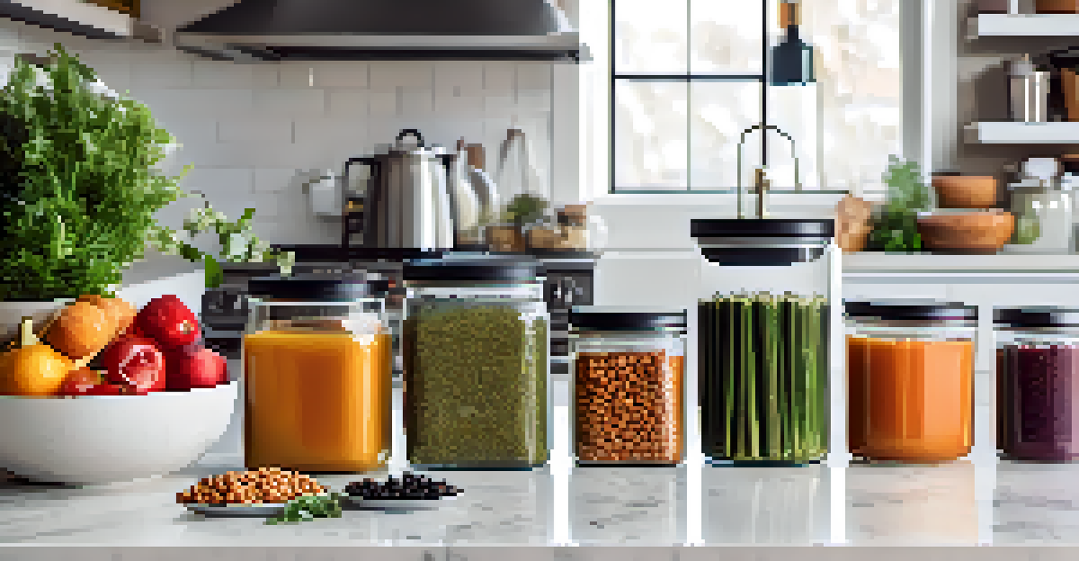 A kitchen counter with meal prep containers filled with lentil soup and roasted vegetables, surrounded by fresh herbs and spices.