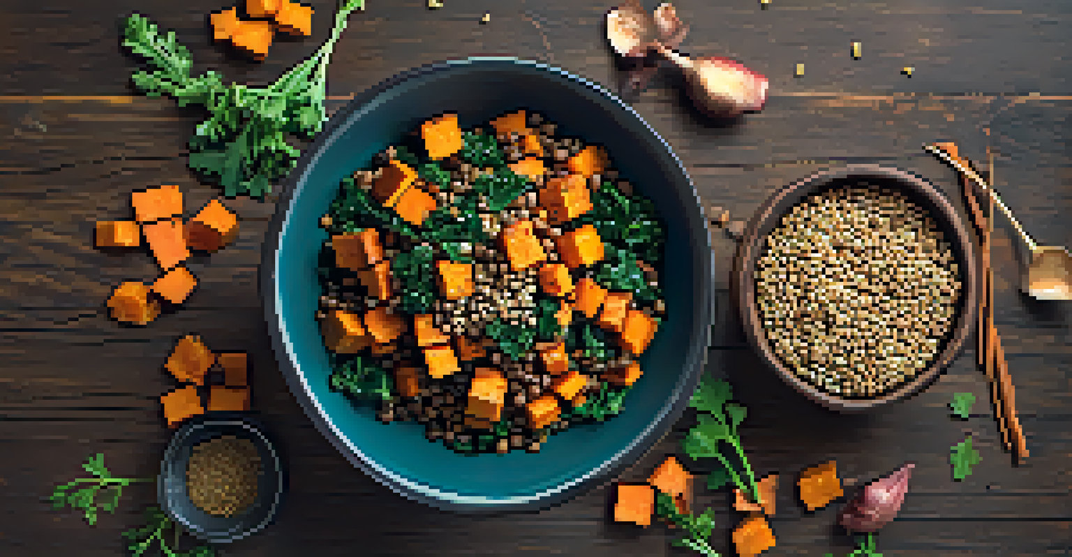 A comforting bowl of sweet potatoes and lentils with kale, garnished with sesame seeds and herbs on a dark wooden surface.