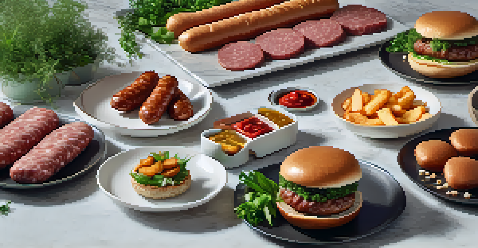 An elegant display of assorted plant-based meat products beautifully arranged on a marble countertop.
