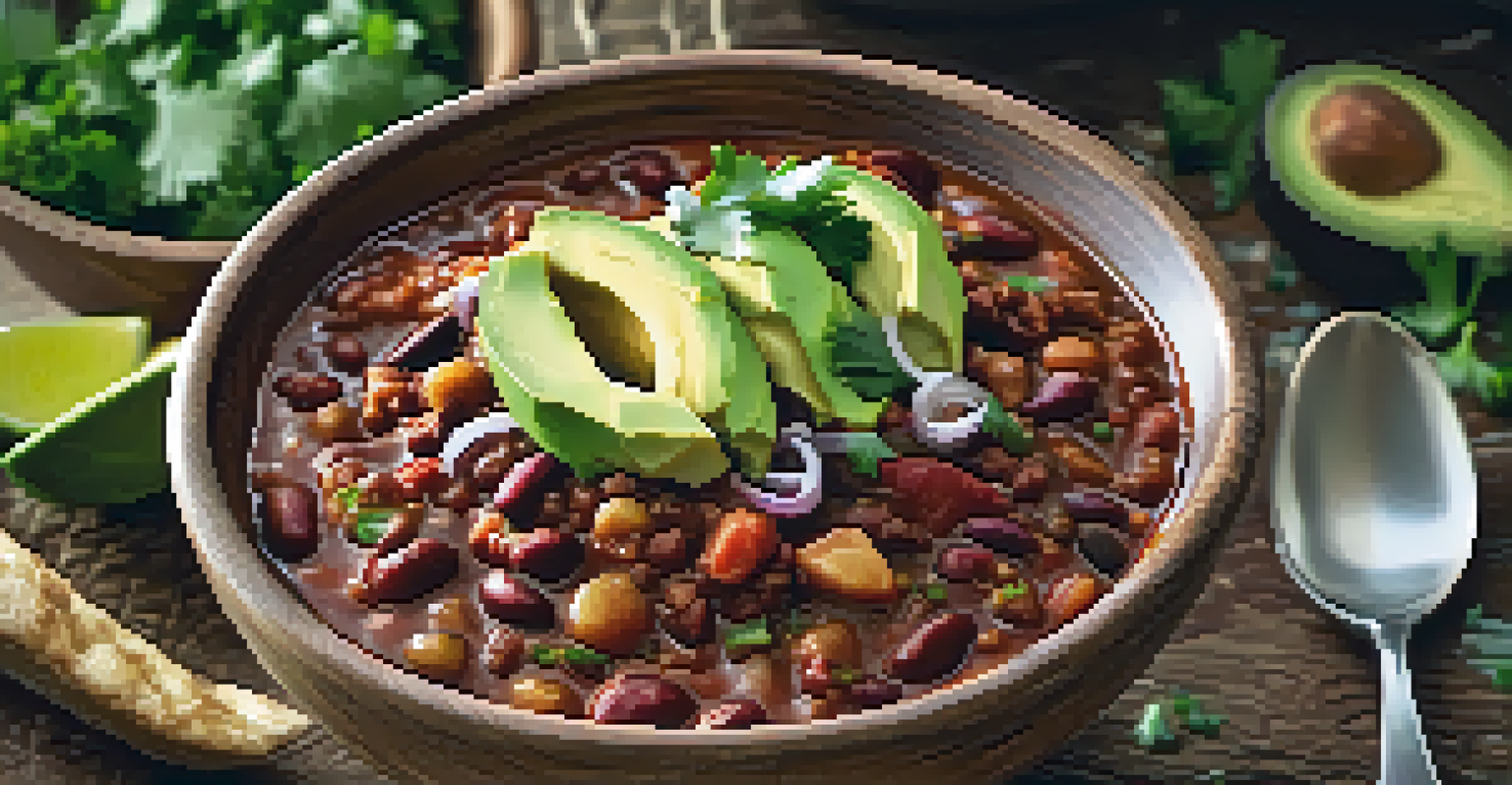 A close-up shot of a hearty bean chili topped with cilantro and avocado in a rustic bowl.