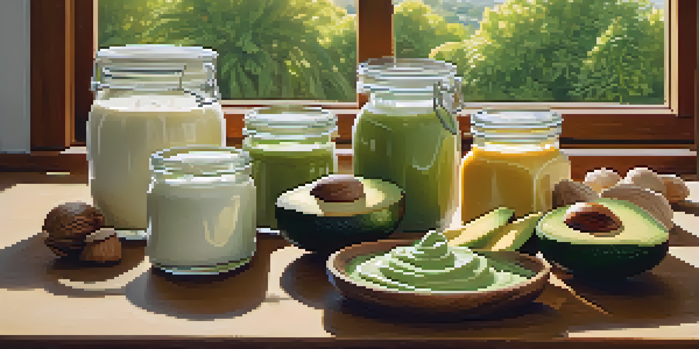A colorful kitchen countertop displaying different glass jars of creamy vegan sauces, surrounded by fresh ingredients like avocados and cashews, illuminated by soft sunlight.