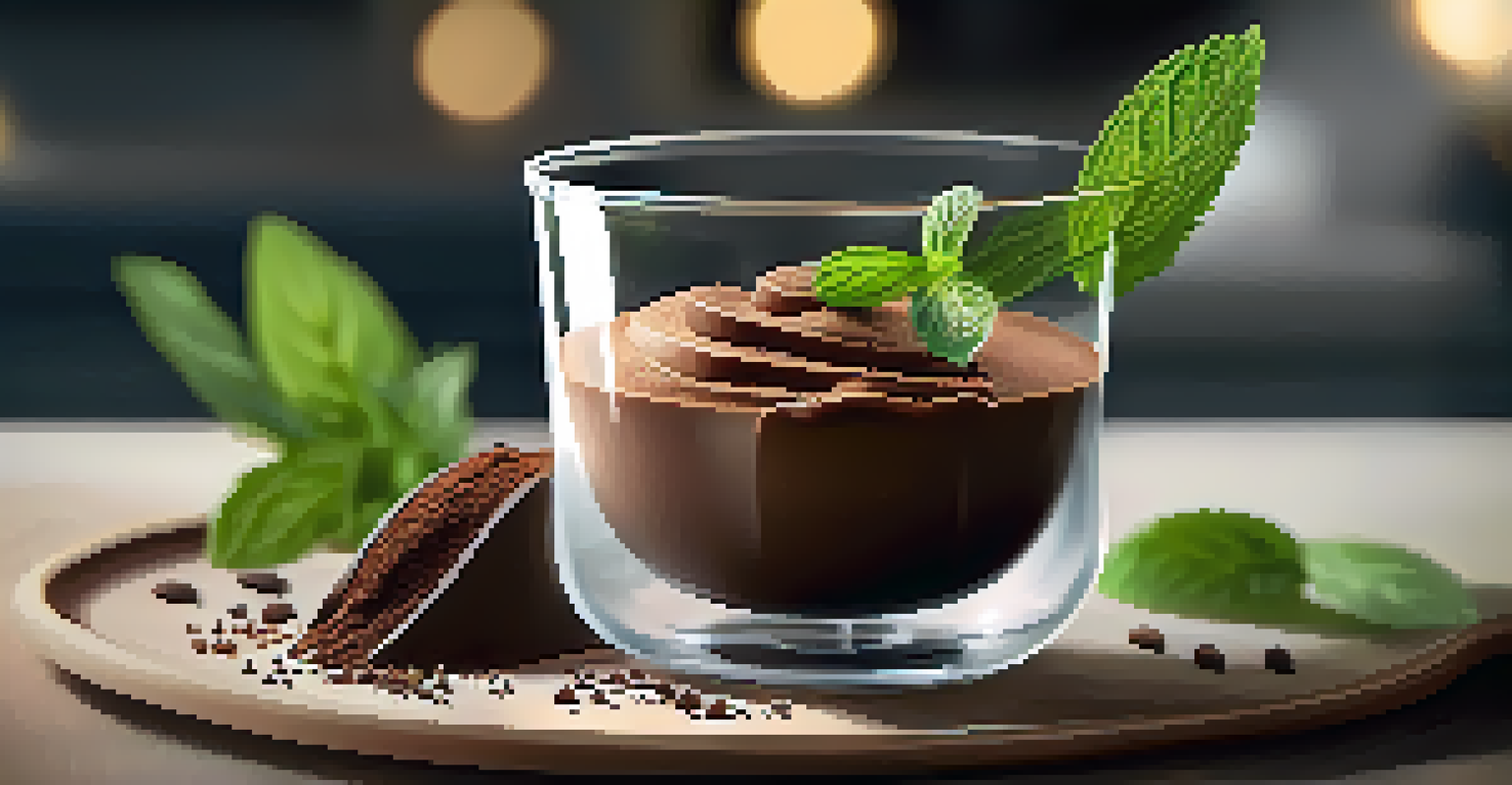 A clear glass cup filled with rich chocolate avocado mousse, garnished with mint leaves and cocoa powder, set against a warm kitchen background.