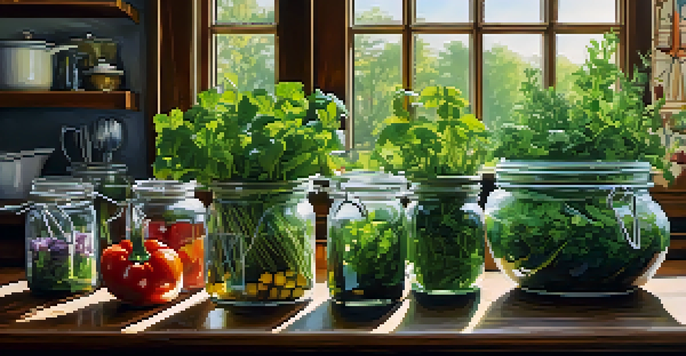 A bright kitchen with fresh herbs in jars and colorful vegetables on a wooden countertop.