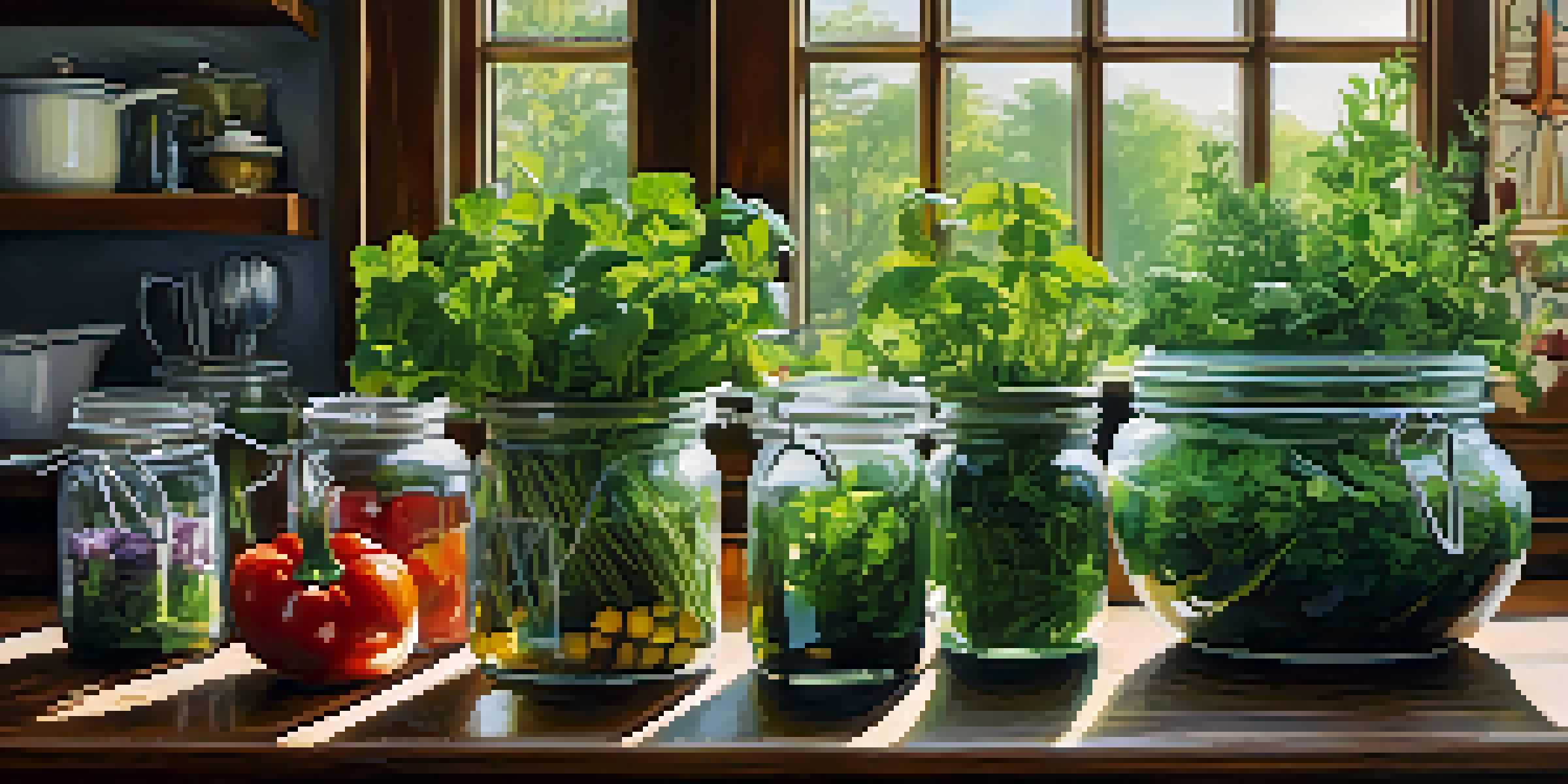A bright kitchen with fresh herbs in jars and colorful vegetables on a wooden countertop.