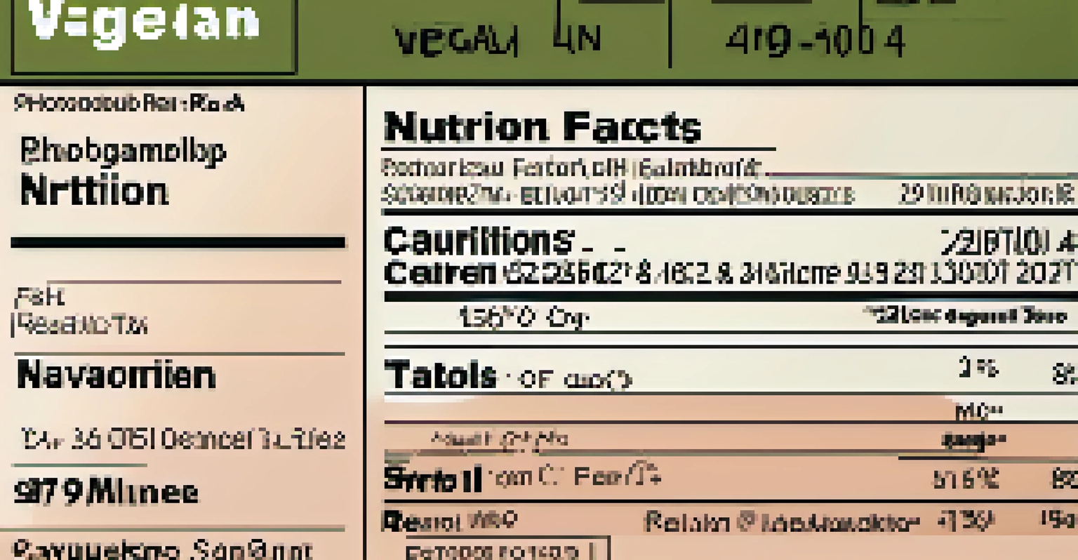 A close-up of a nutrition facts label on a vegan product, showing serving sizes and nutrient details against a soft gradient background.