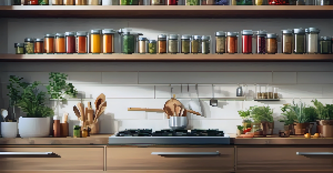 A small kitchen with shelves of spices and hanging utensils, illuminated by warm light.