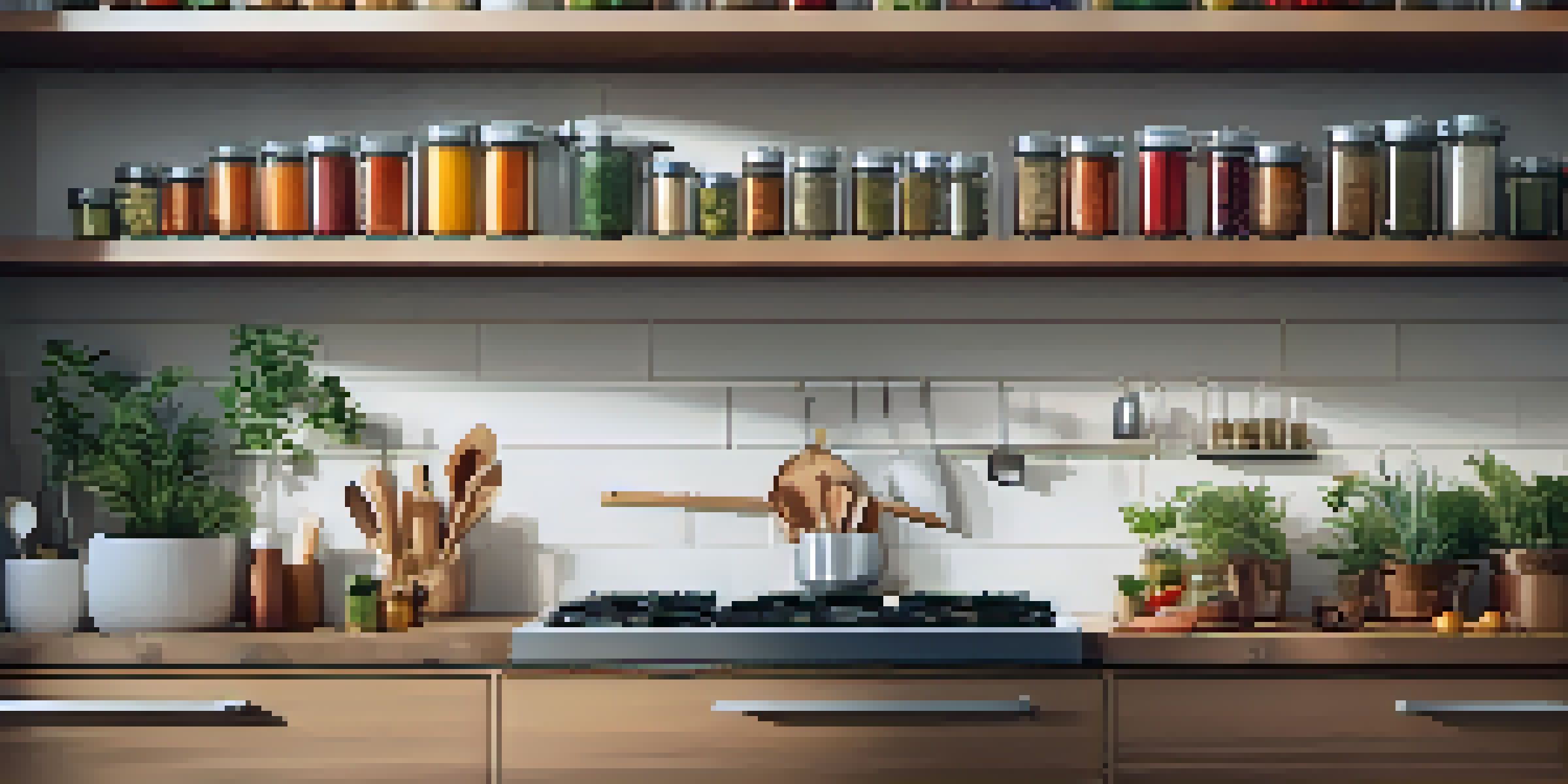 A small kitchen with shelves of spices and hanging utensils, illuminated by warm light.