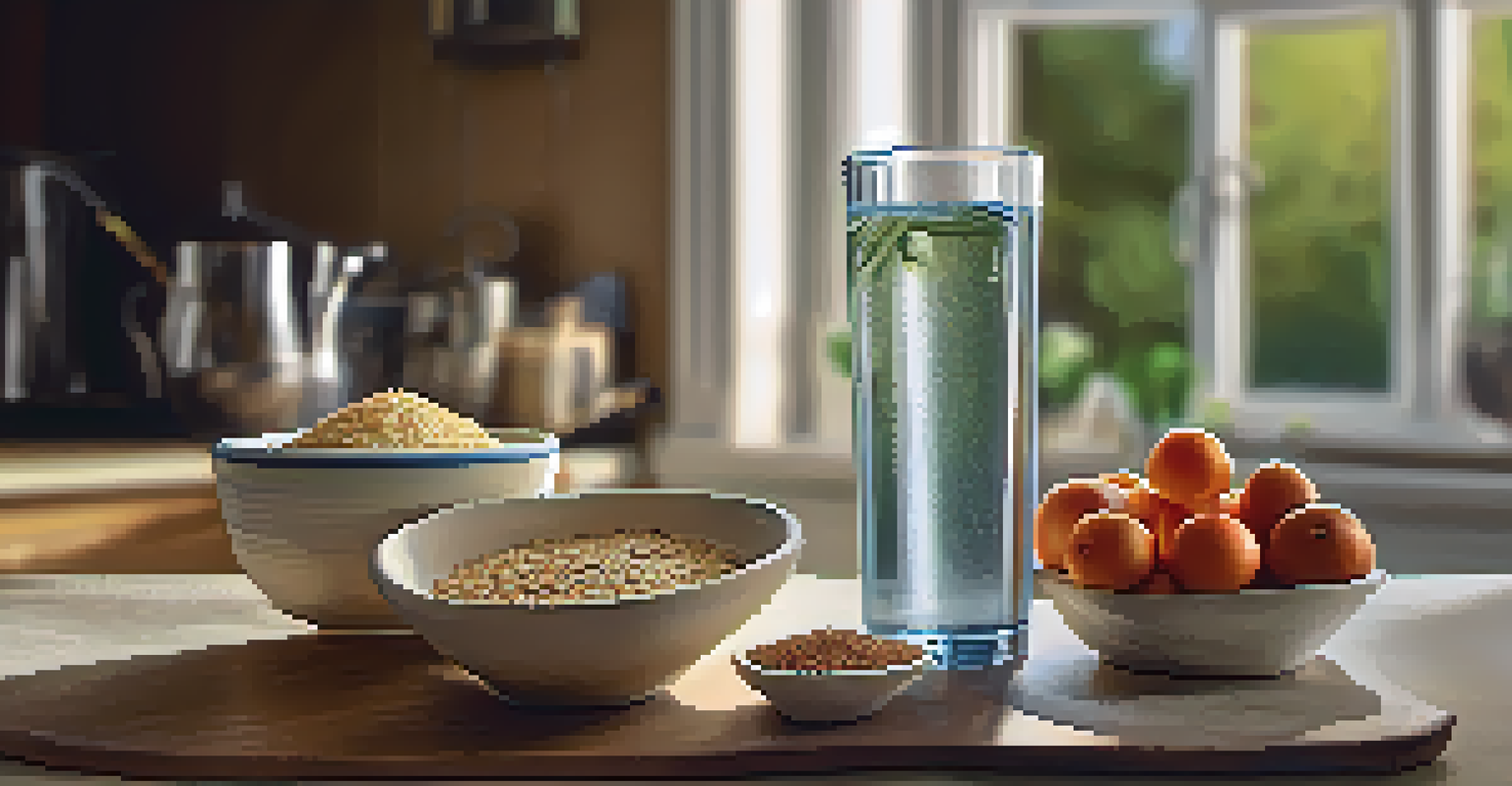 A glass of water next to a bowl of fiber-rich foods, including oats and beans, in a cozy kitchen setting with warm sunlight.
