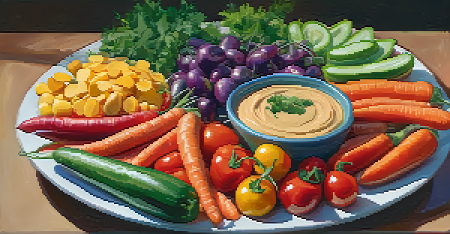 A colorful vegetable platter featuring a variety of fresh vegetables and a bowl of hummus, set in a bright and inviting atmosphere.