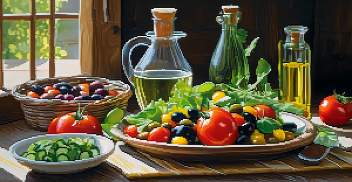 A colorful Mediterranean salad with tomatoes, cucumbers, and olives on a rustic wooden table, illuminated by warm sunlight.