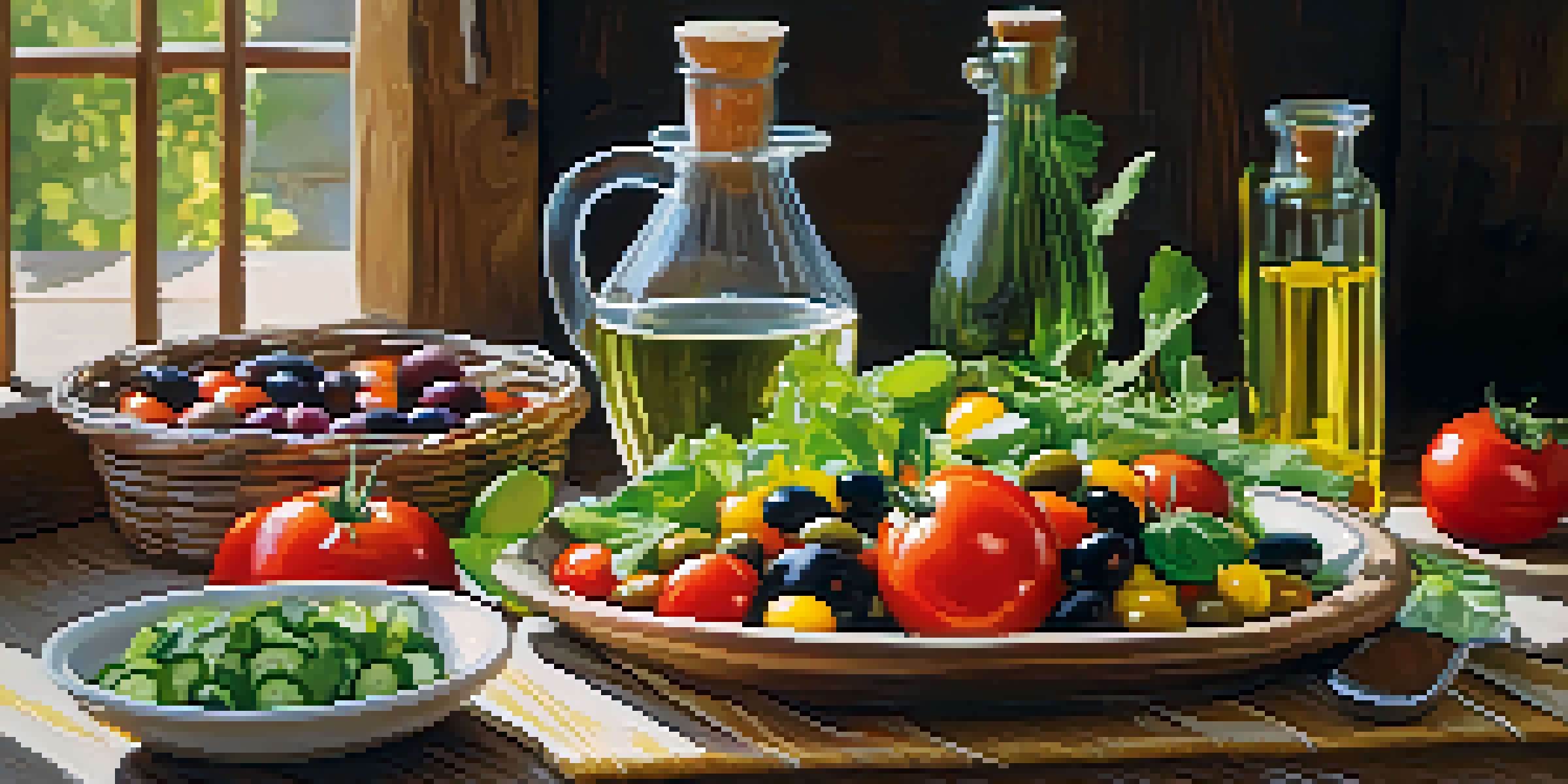 A colorful Mediterranean salad with tomatoes, cucumbers, and olives on a rustic wooden table, illuminated by warm sunlight.