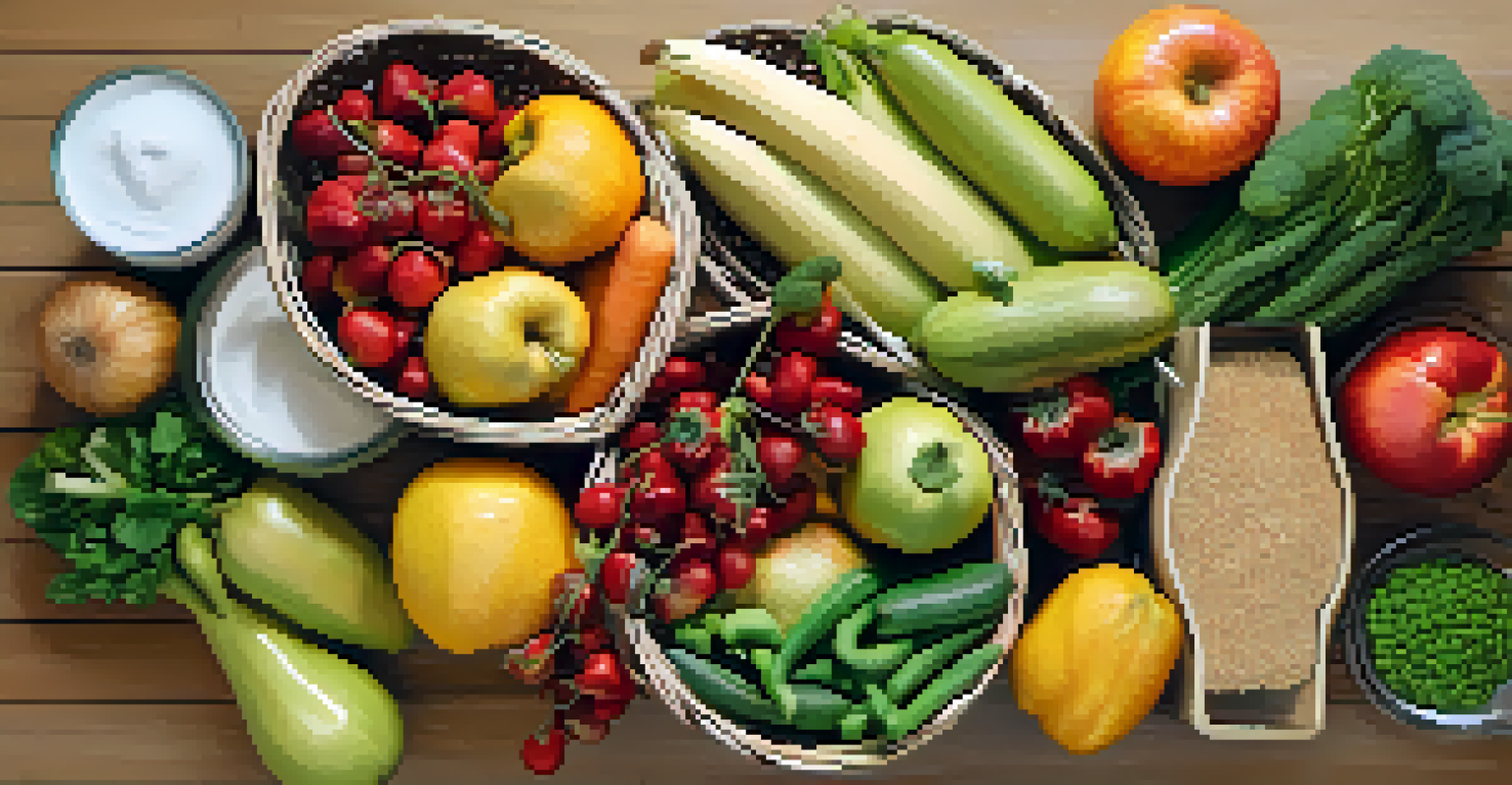 An overhead view of a grocery basket filled with fresh vegan ingredients including fruits, vegetables, legumes, and grains on a kitchen countertop.