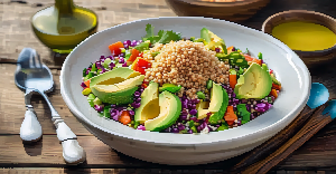 A colorful quinoa salad in a bowl with vegetables and avocado, illuminated by sunlight on a wooden table.