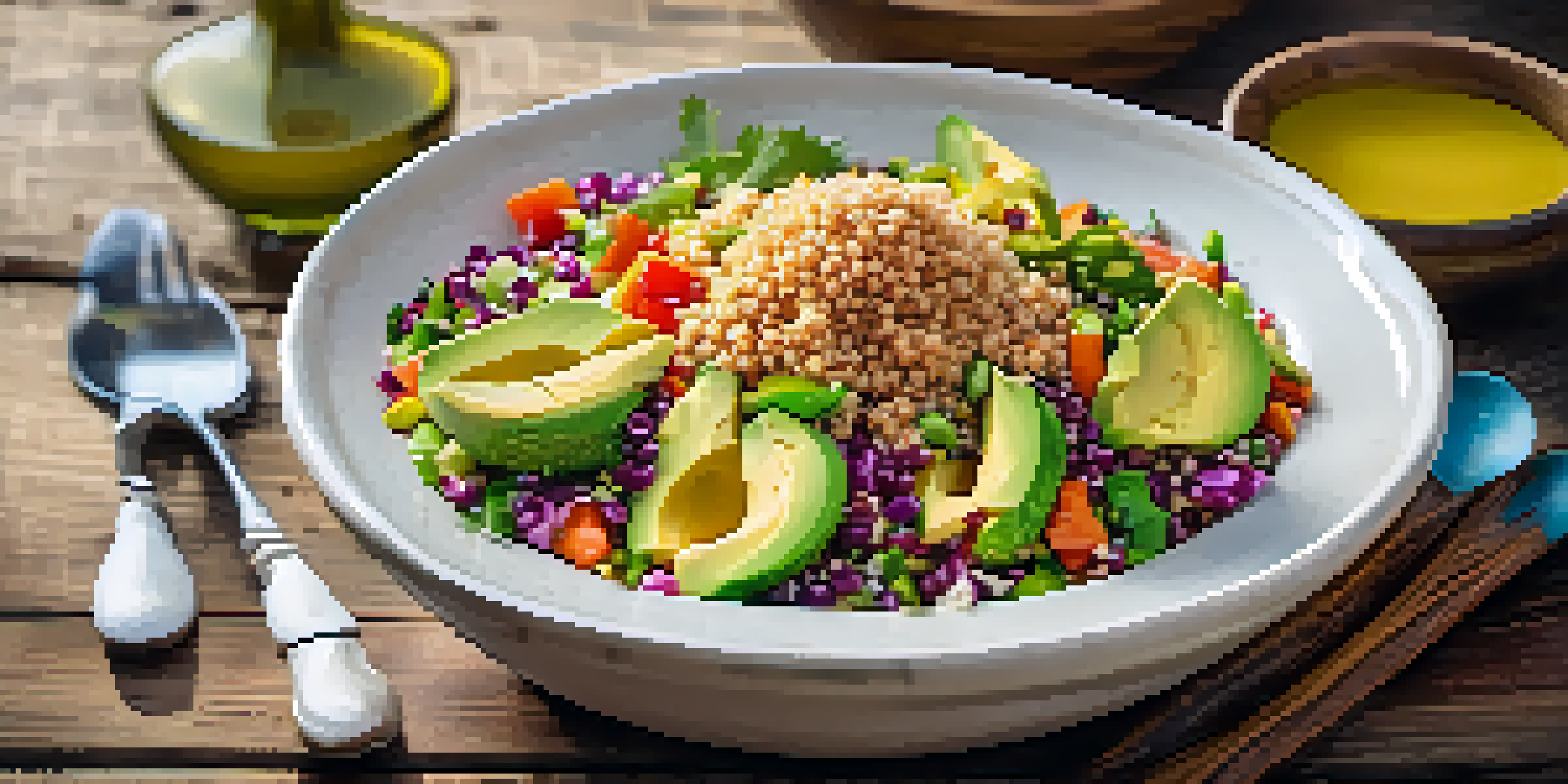 A colorful quinoa salad in a bowl with vegetables and avocado, illuminated by sunlight on a wooden table.