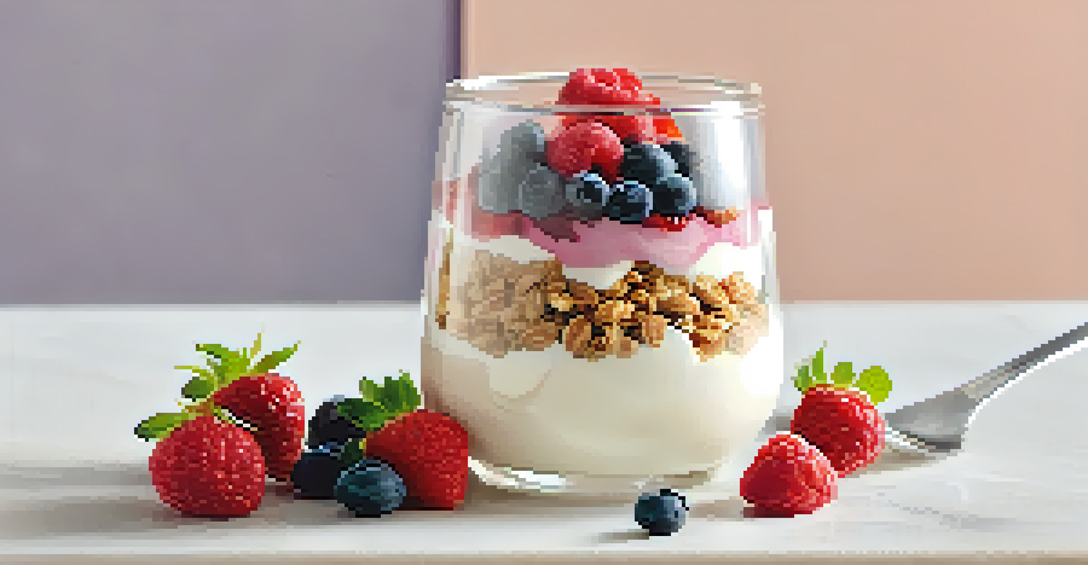A close-up of a colorful yogurt parfait in a glass container, layered with yogurt, granola, and mixed berries.