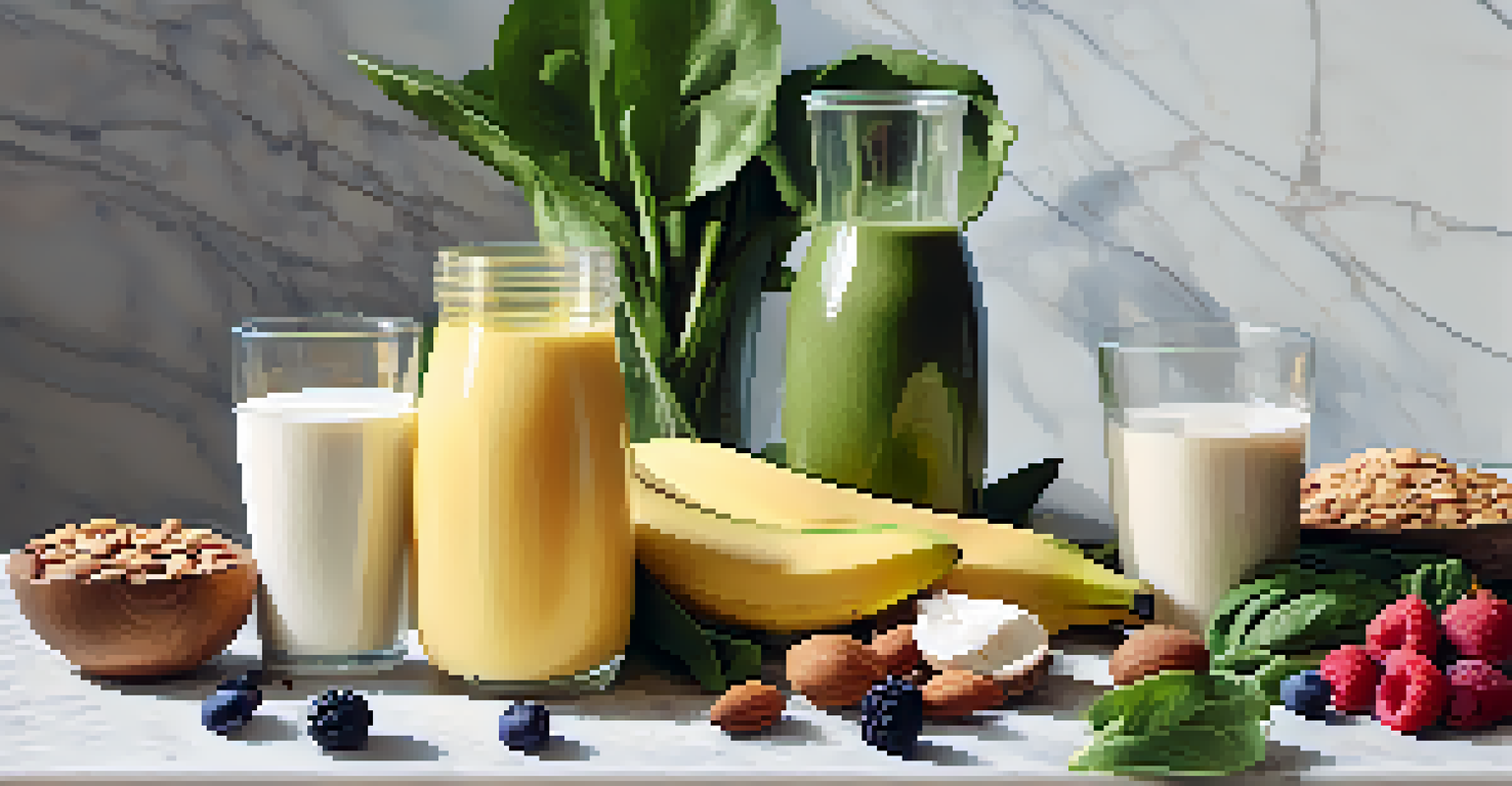 Fresh ingredients for a vegan smoothie on a marble countertop, including bananas, spinach, coconut, and berries.