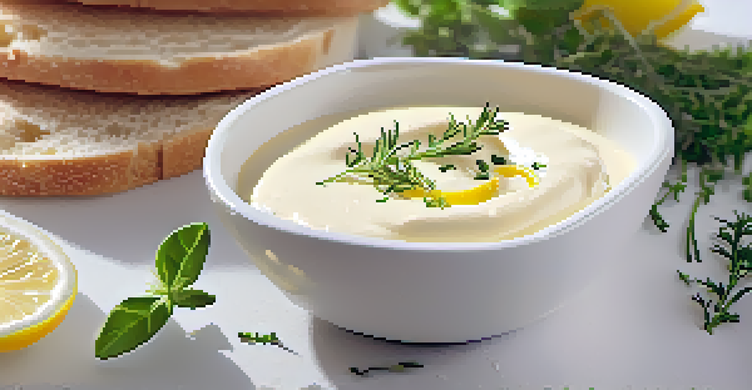 A close-up of creamy vegan aioli in a white bowl, garnished with herbs and lemon zest, with bread slices for dipping.