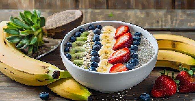 A colorful smoothie bowl filled with fruits and seeds, placed on a wooden table under soft morning light.