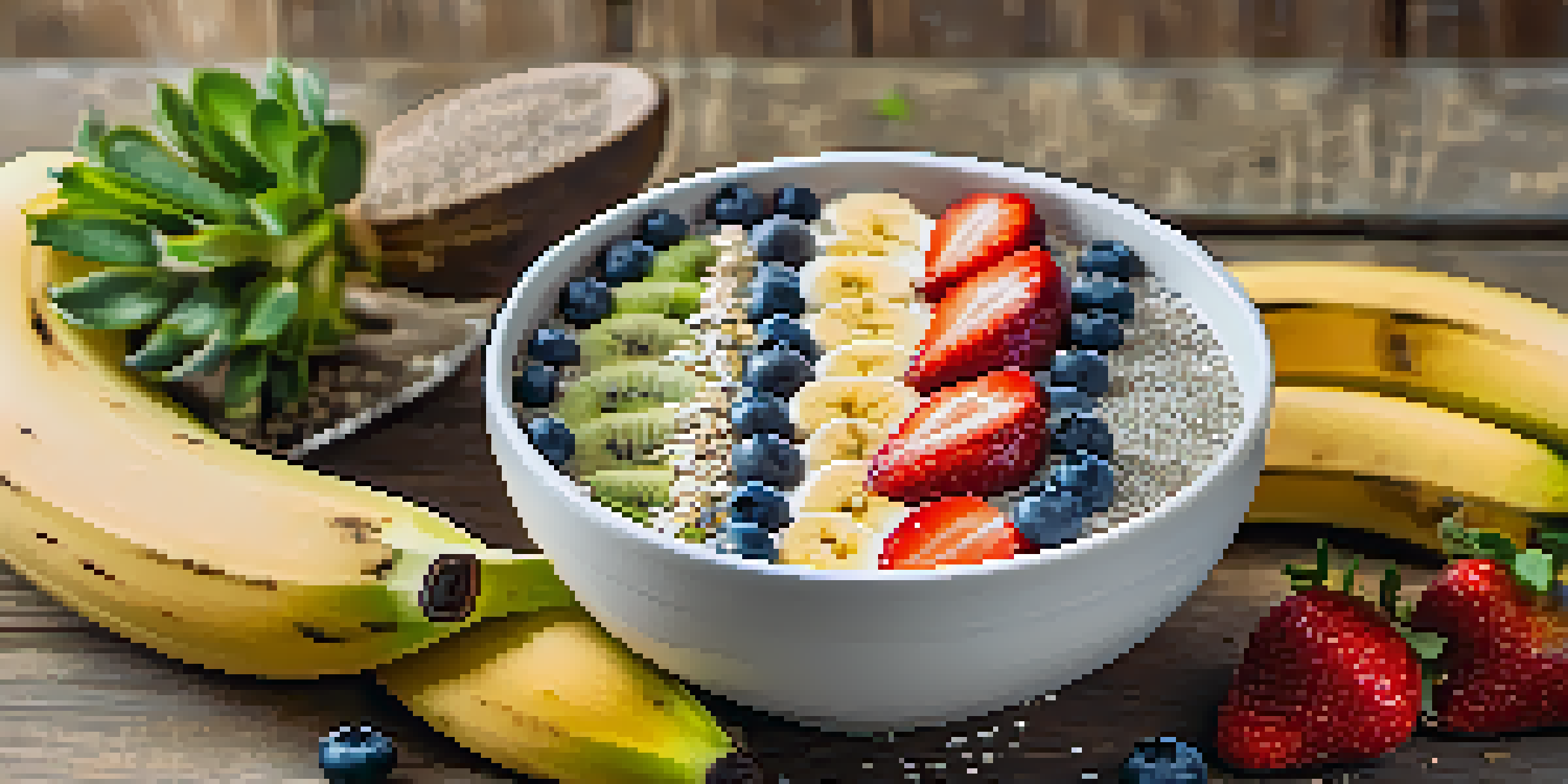 A colorful smoothie bowl filled with fruits and seeds, placed on a wooden table under soft morning light.