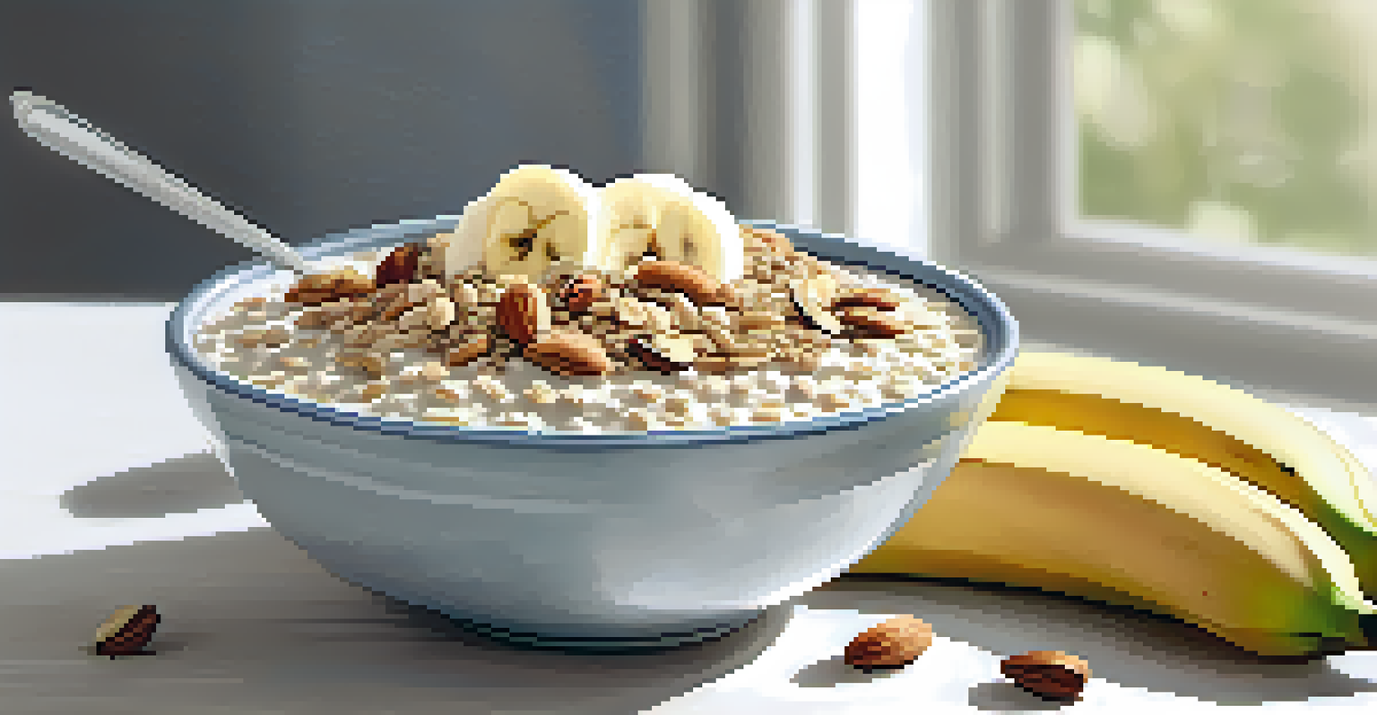 A breakfast bowl of oatmeal topped with bananas, chia seeds, and nuts, set on a bright table with morning light.