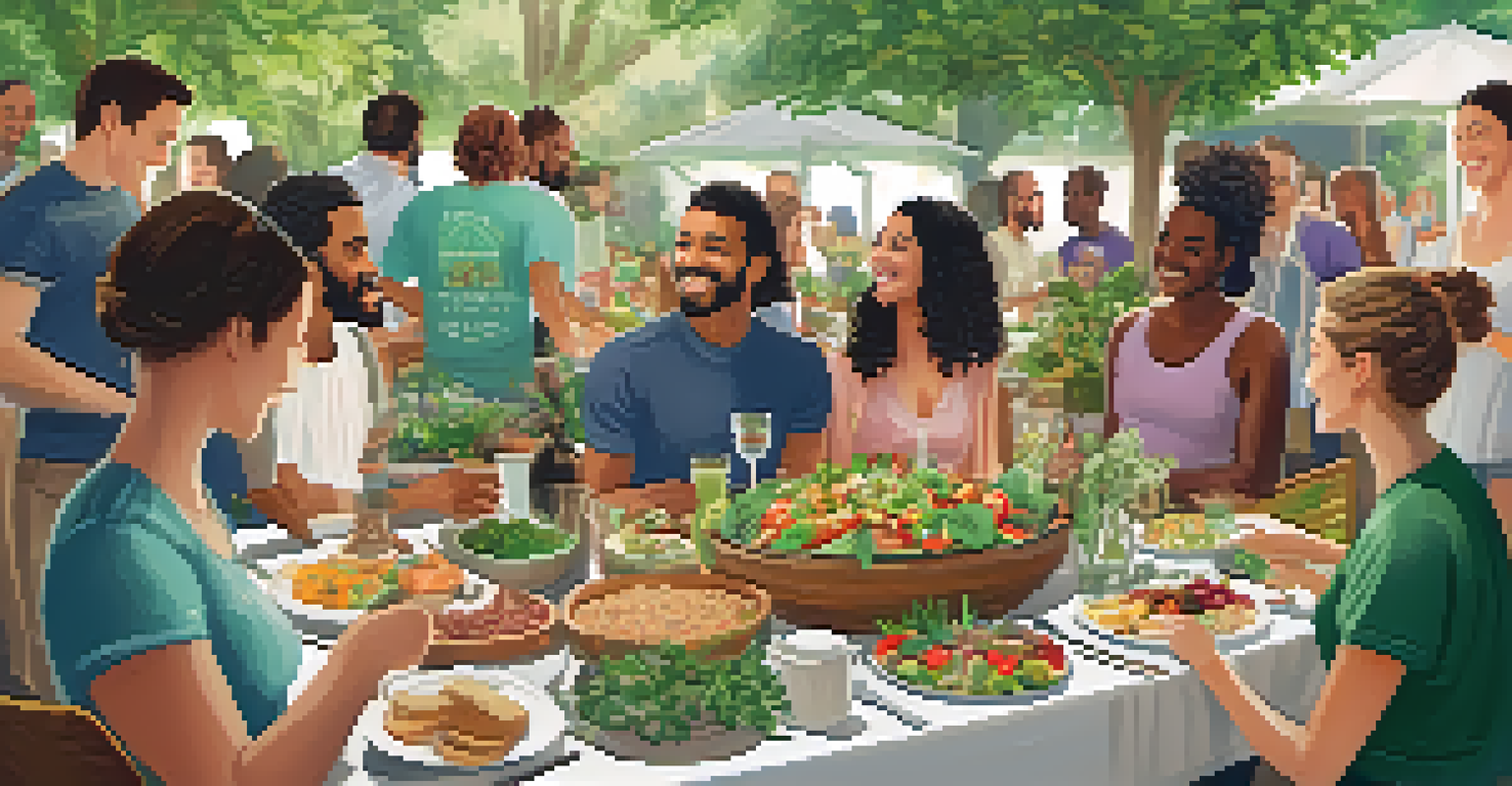 A vibrant community gathering at a vegan potluck with diverse plant-based dishes and smiling participants sharing food and conversation.