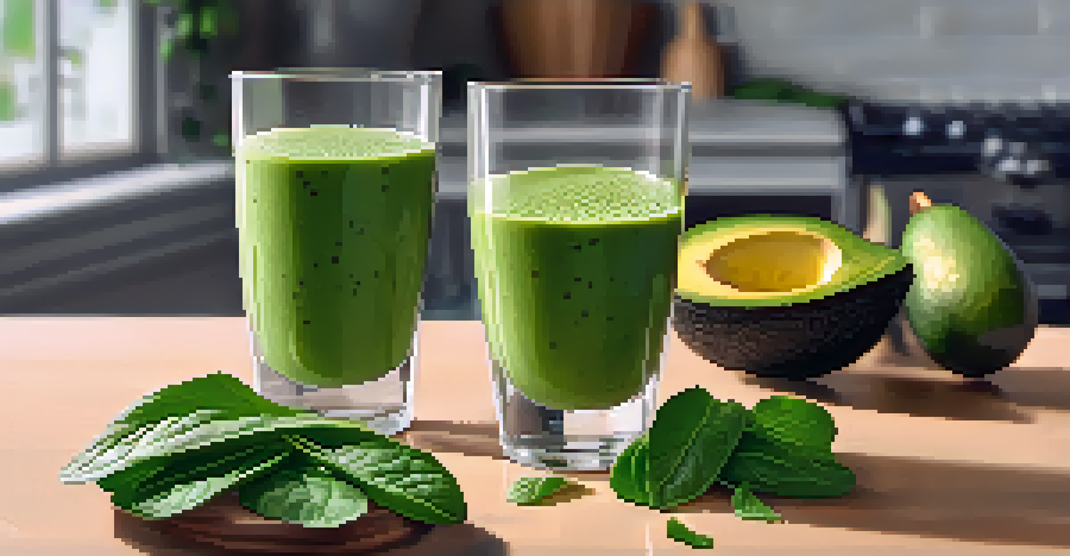 A creamy spinach and avocado smoothie in a glass, garnished with avocado and chia seeds, with fresh spinach and a banana in the background.