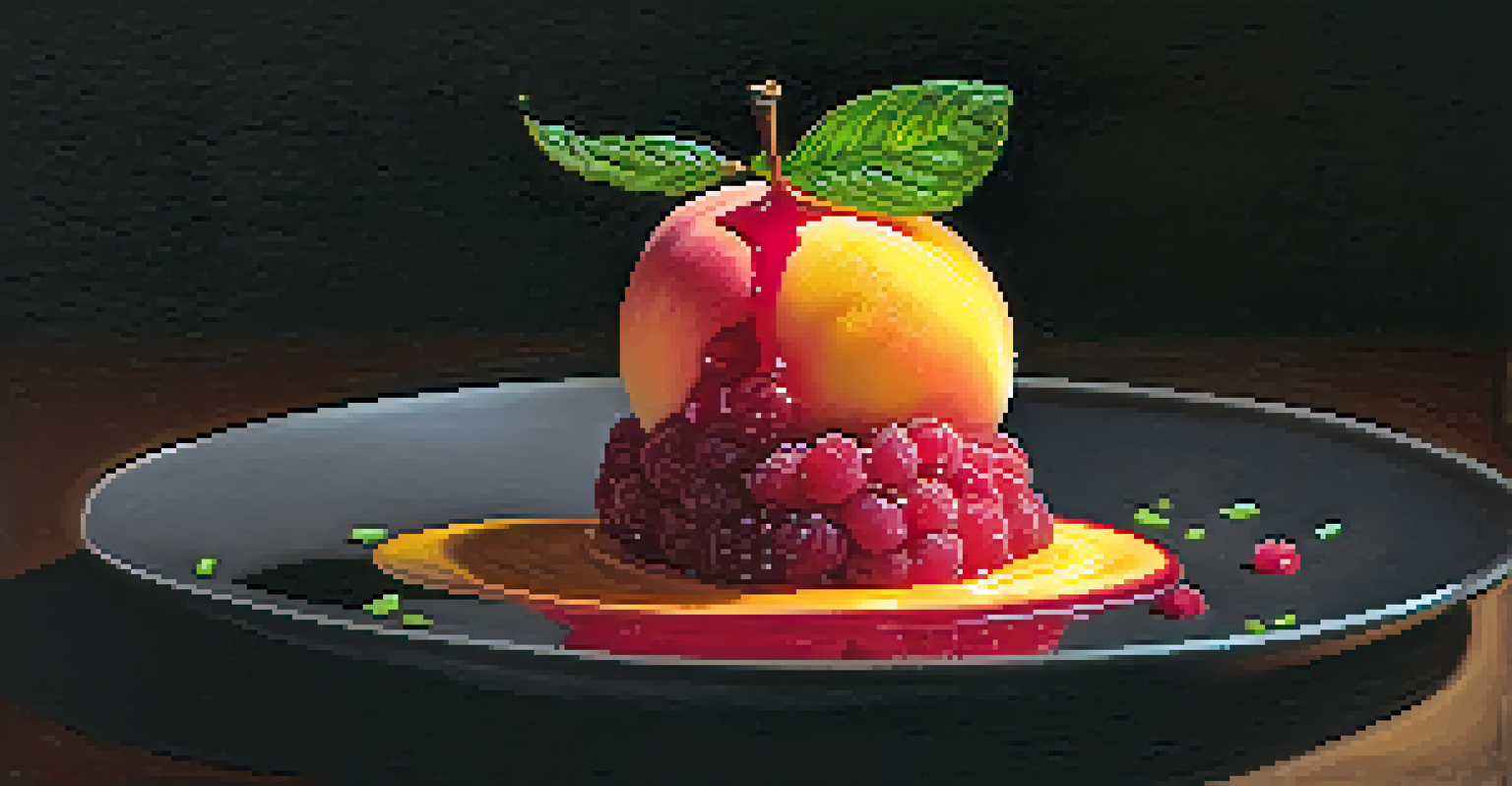 A seared peach on raspberry puree with crushed pistachios and a mint leaf, presented on a dark slate background.