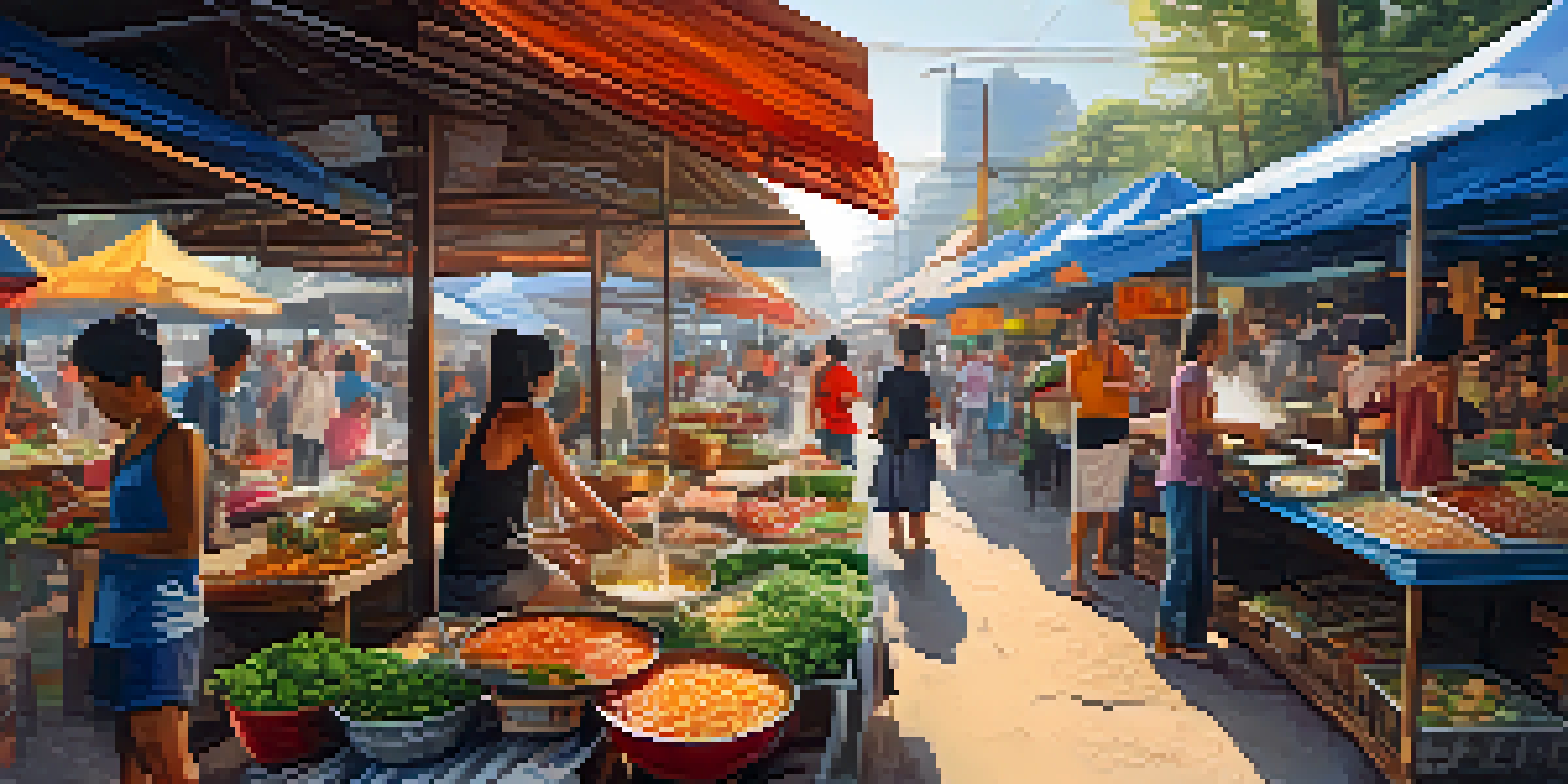 A lively street market in Thailand filled with colorful vegan dishes, fresh produce, and people enjoying their meals under warm sunlight.