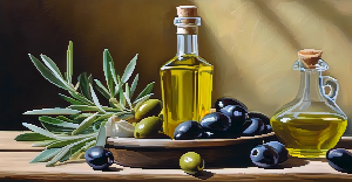 A close-up of a bottle of extra virgin olive oil with fresh herbs and olives on a rustic wooden table.