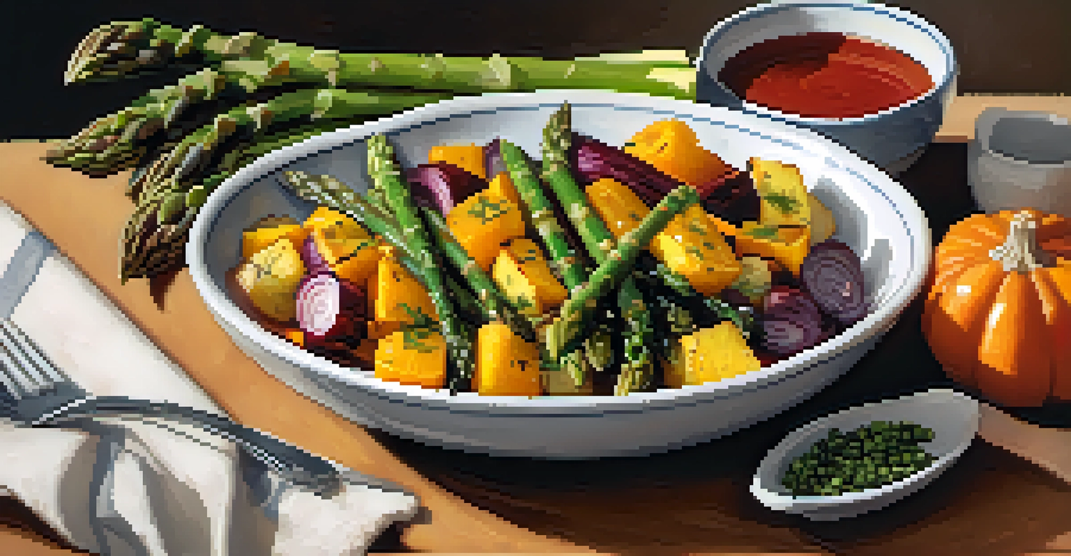 A bowl of mixed roasted seasonal vegetables like squash and asparagus, accompanied by a colorful dipping sauce on a textured tablecloth.