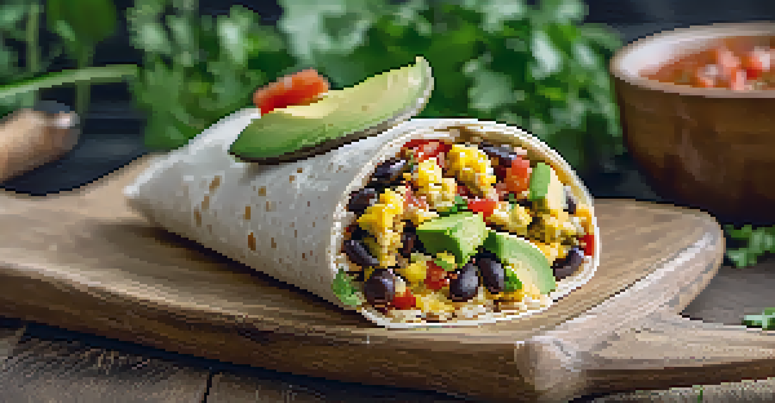 An overhead view of a colorful vegan breakfast burrito on a wooden board, accompanied by salsa and fresh herbs.