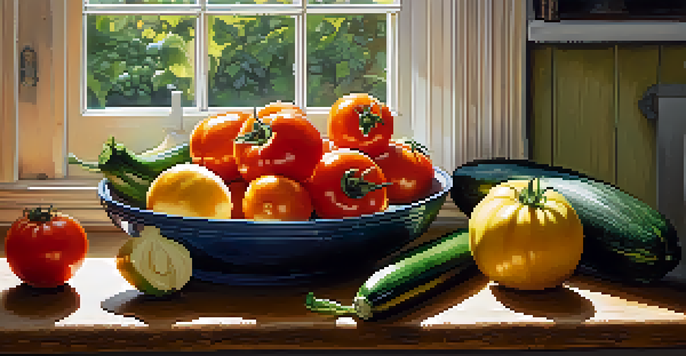 A kitchen countertop filled with fresh seasonal vegetables like tomatoes, zucchini, and squashes under natural light.