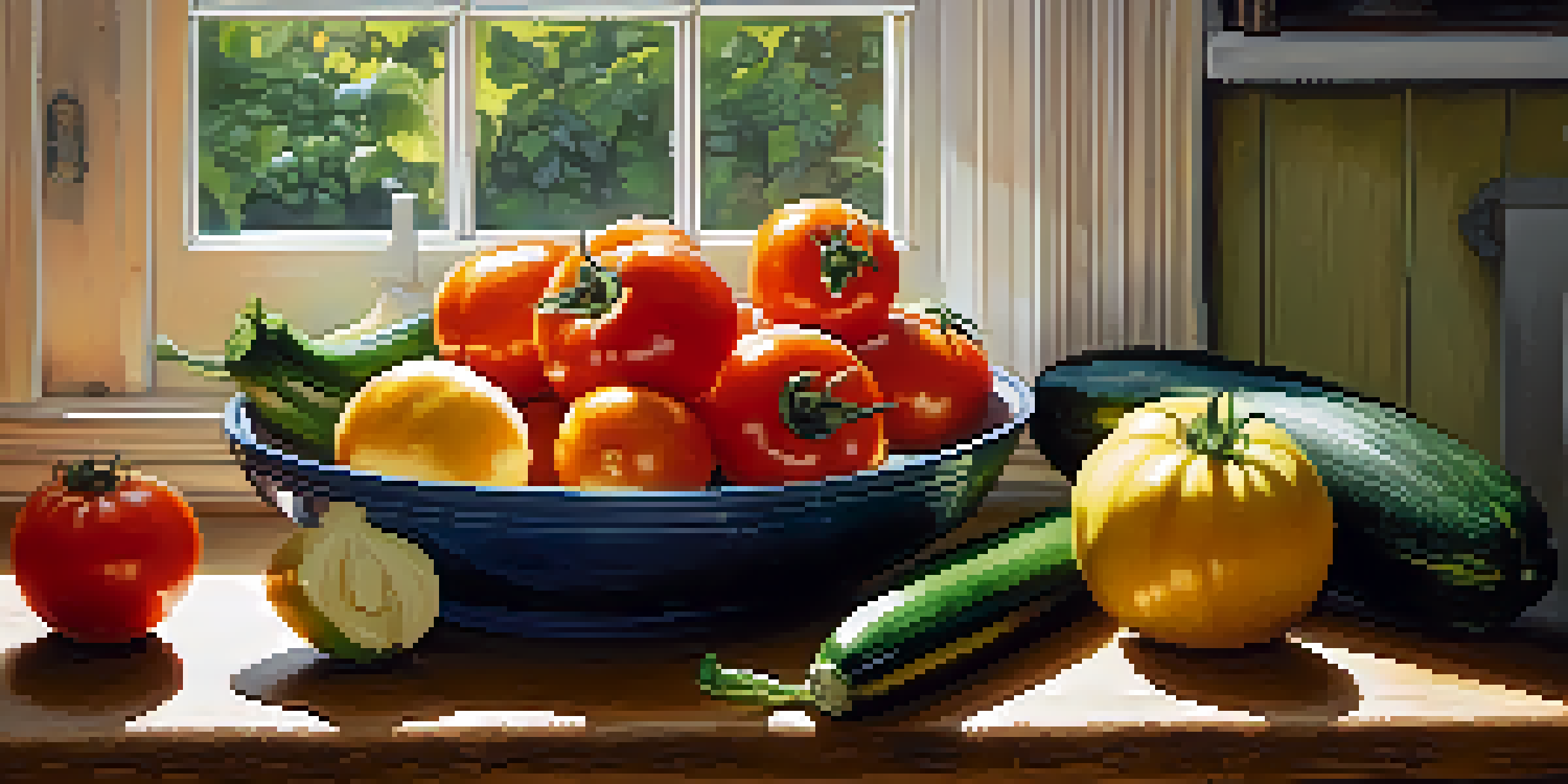 A kitchen countertop filled with fresh seasonal vegetables like tomatoes, zucchini, and squashes under natural light.