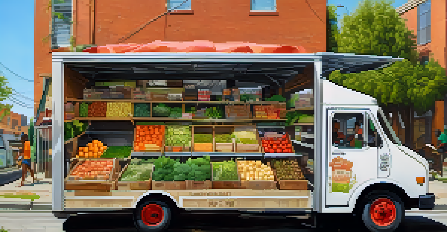 A mobile market truck offering fresh produce and vegan products in a neighborhood with limited food options, with families shopping.