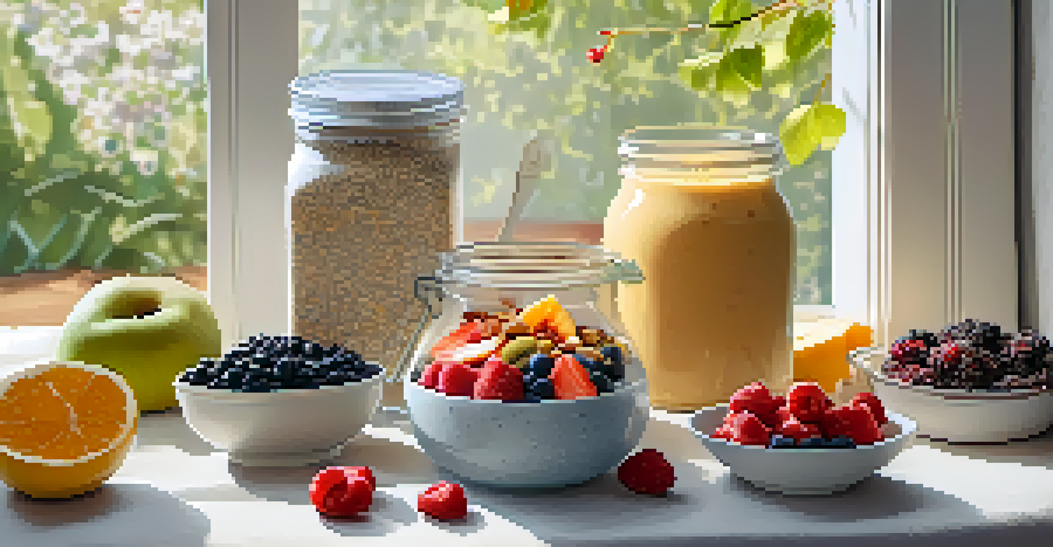 A breakfast spread with a jar of overnight oats topped with fruits, smoothie packs in colorful bags, and chia pudding in a bowl, all in a cozy setting.