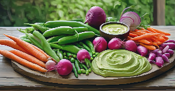 A colorful vegetable platter with fresh snap peas, radishes, and baby carrots, served with avocado hummus dip, on a wooden table.