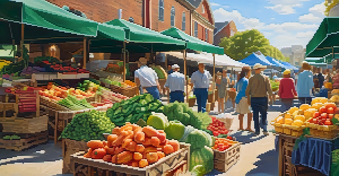 A lively farmer's market filled with colorful fruits and vegetables, emphasizing plant-based foods in wicker baskets, under warm sunlight.