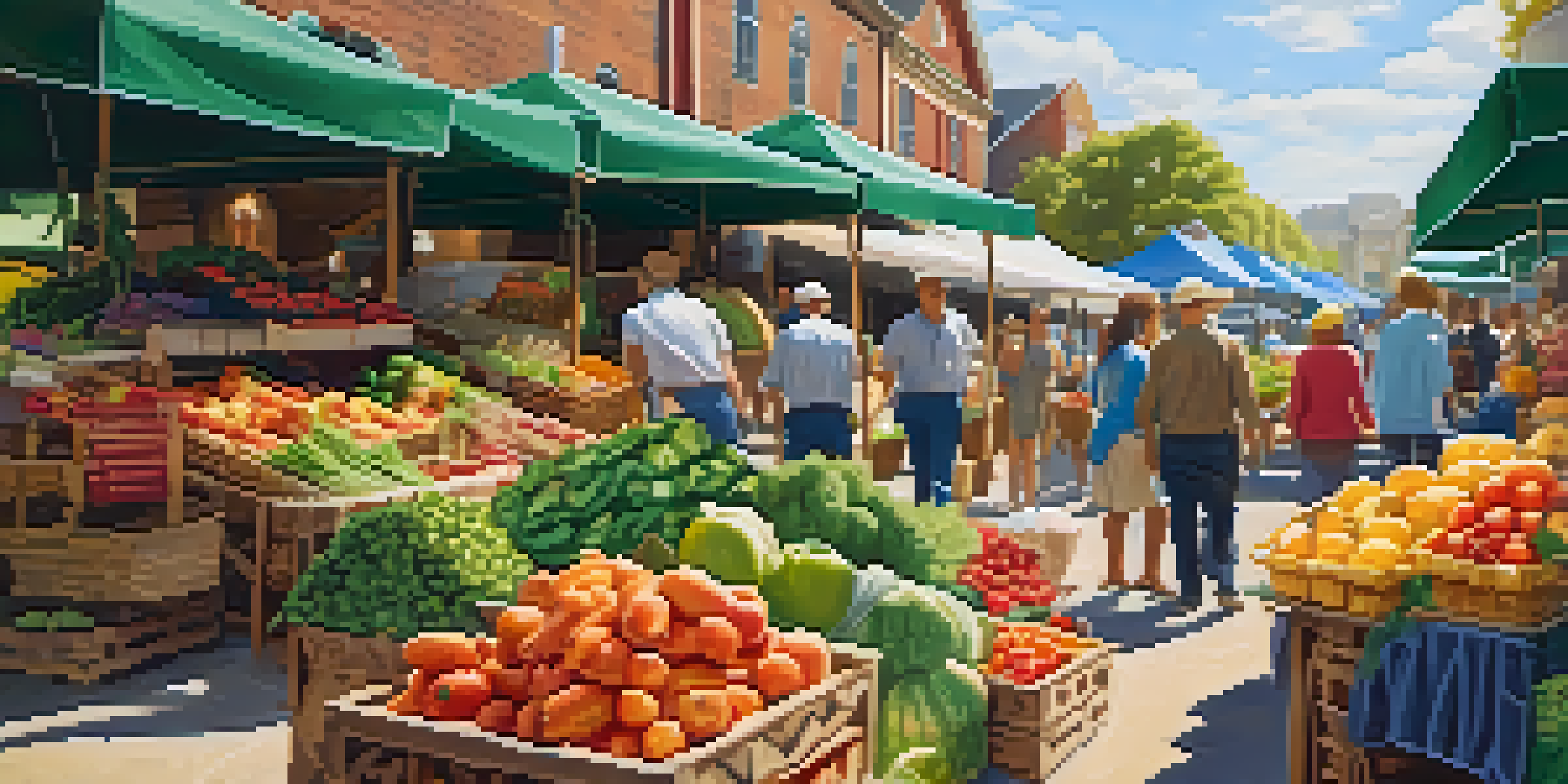 A lively farmer's market filled with colorful fruits and vegetables, emphasizing plant-based foods in wicker baskets, under warm sunlight.