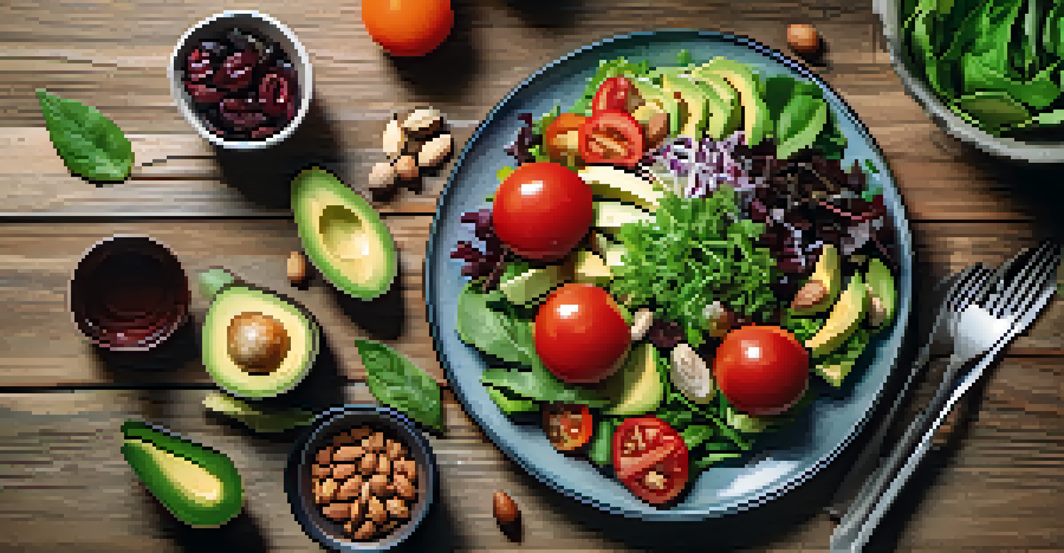 A beautifully arranged flat lay of a vibrant vegan meal including a salad with greens, tomatoes, and avocados on a wooden table.