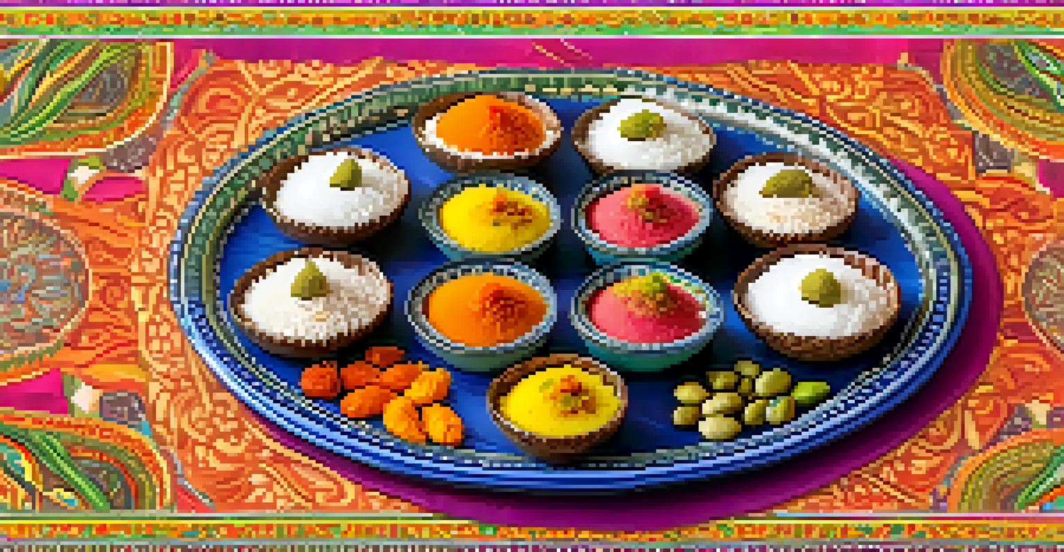 A decorative plate of traditional Indian vegan sweets like coconut laddus and rice pudding, garnished with nuts on a colorful cloth.