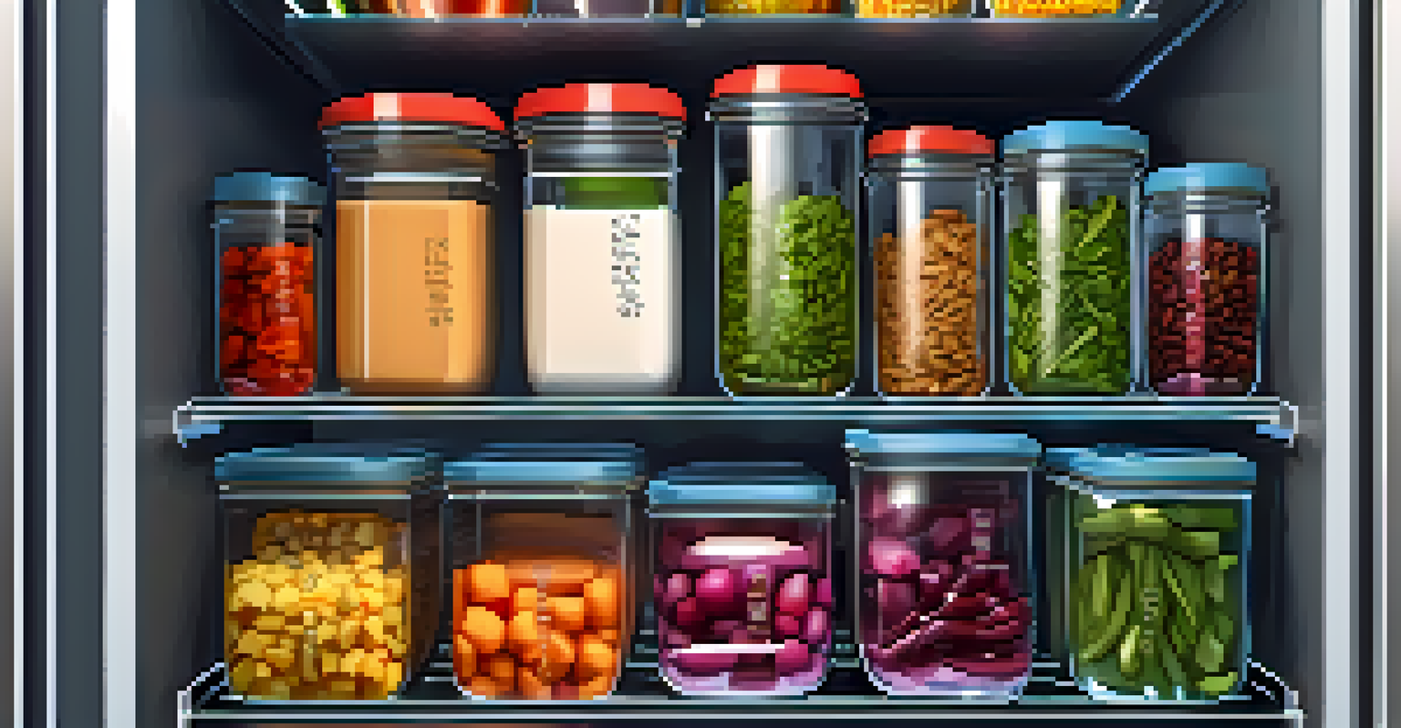 An organized fridge displaying labeled glass containers filled with healthy vegan meals, including stir-fry, chili, and salad, under soft ambient light.