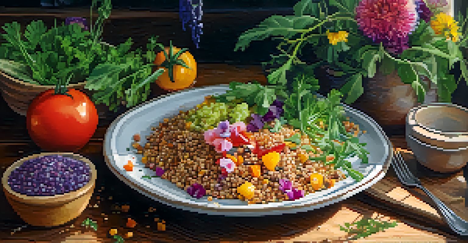 A close-up of a colorful plant-based meal on a wooden table, showcasing quinoa, fresh vegetables, and herbs, with natural light highlighting the dish.