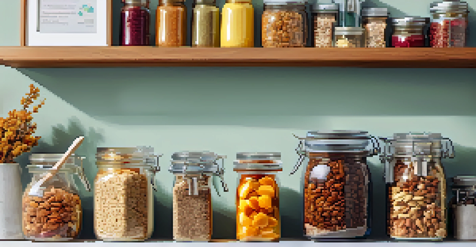 A neatly arranged snack station displaying jars of granola, nuts, and dried fruits in a small kitchen, with spices on a shelf.