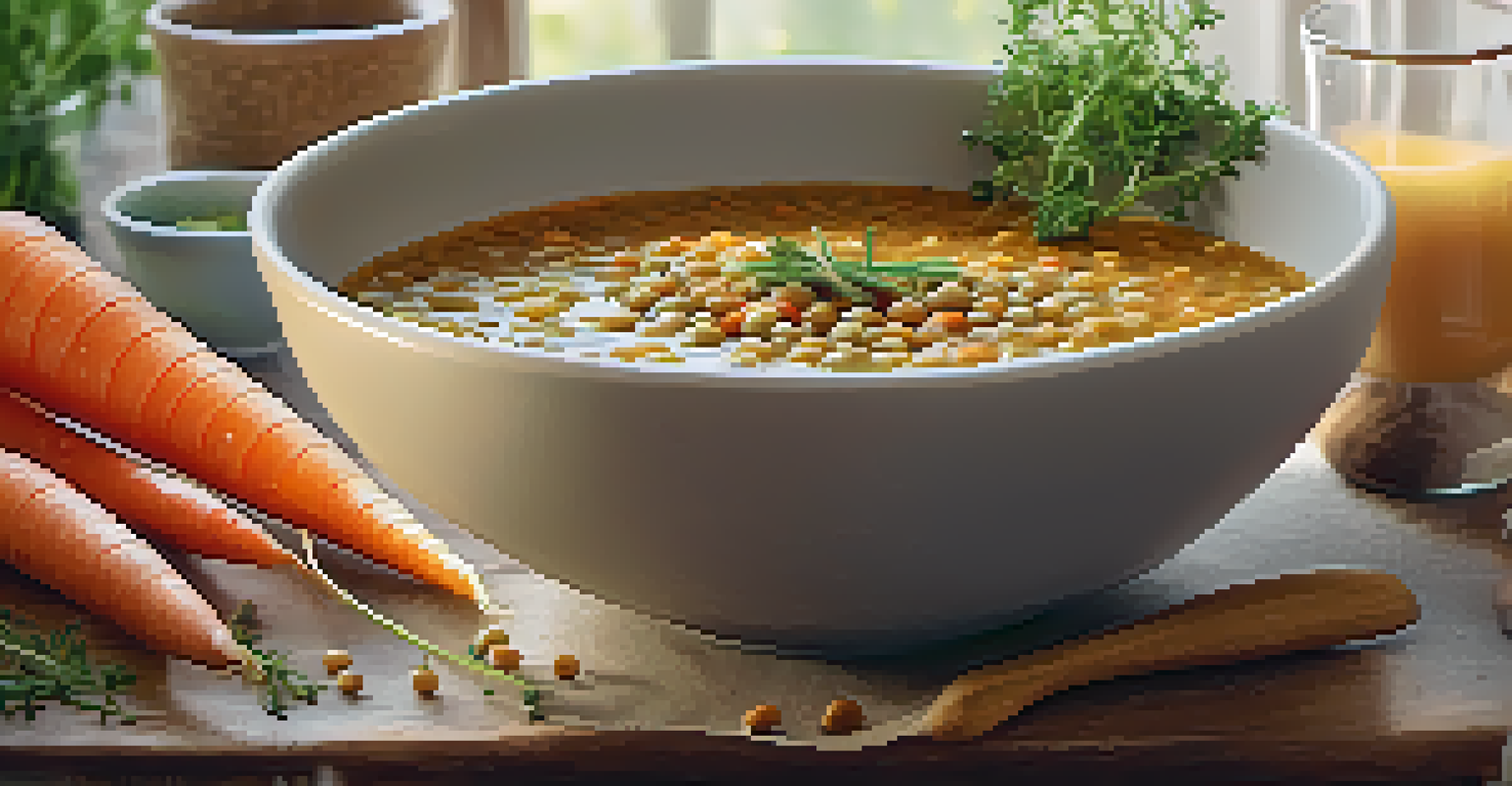 A deep ceramic bowl of hearty lentil soup with fresh herbs and a slice of bread on a rustic wooden countertop.