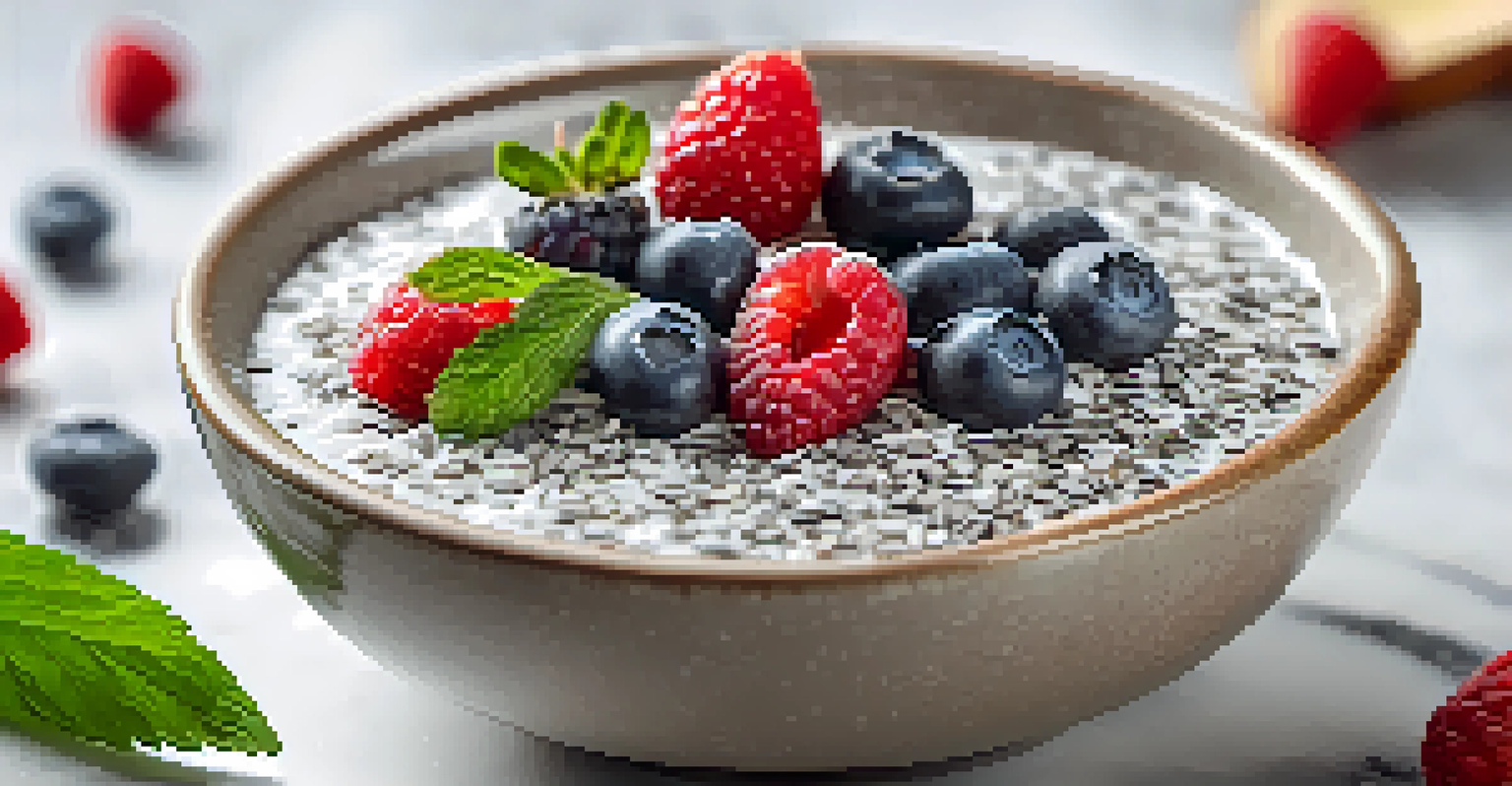 A close-up view of a bowl of chia seeds soaked in almond milk, adorned with fresh berries and coconut flakes on a marble countertop.