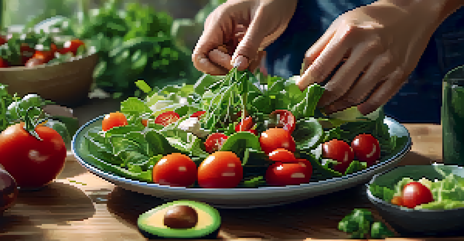 A close-up of a hand reaching for a colorful salad, showcasing the vibrant and fresh ingredients with soft natural lighting.