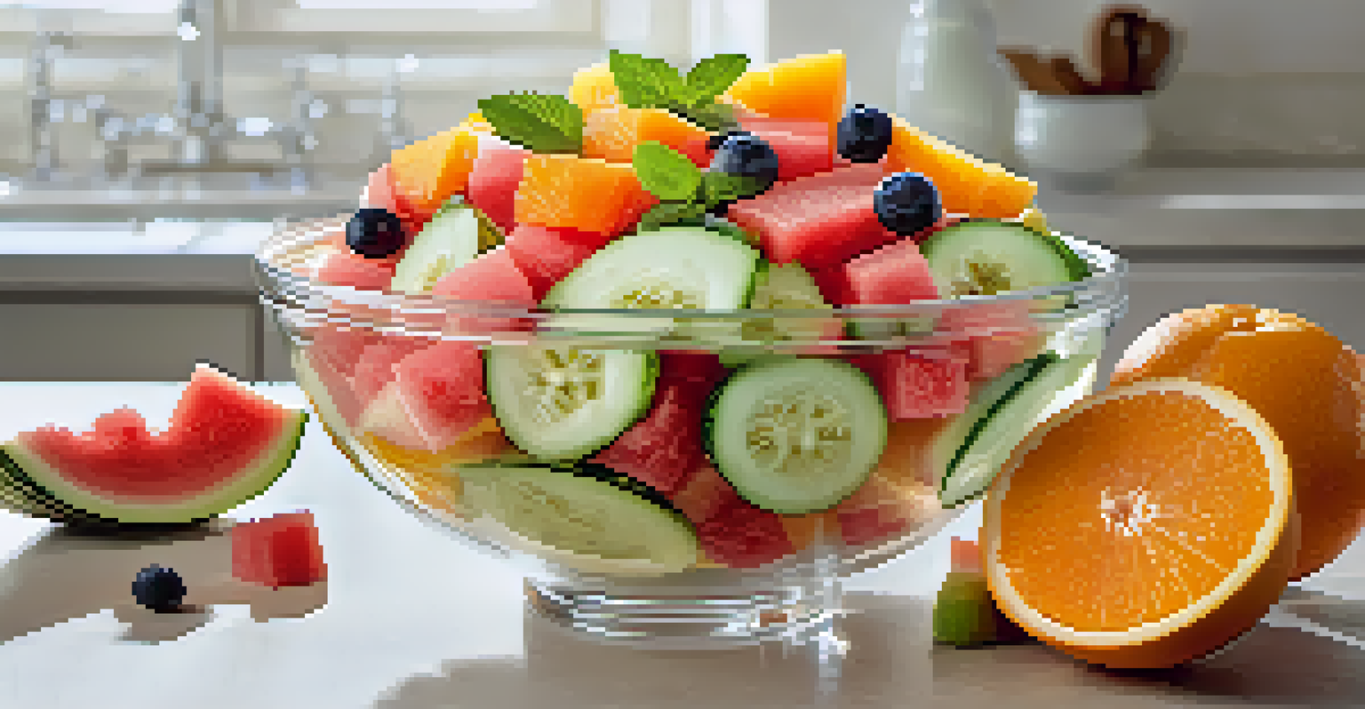 A refreshing fruit salad with watermelon, cucumber, and orange slices in a glass bowl.