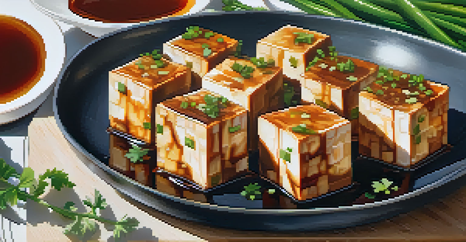 Close-up view of marinated tofu cubes on a cutting board, surrounded by fresh vegetables and a bowl of marinade.